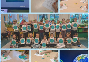 Kolaż zdjęć na którym dzieci z grupy Motylki oglądają film edukacyjny oraz wykonują pracę plastyczną z okazji Dnia Ziemi.