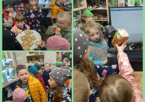 Kolaż zdjęć przedstawiający dzieci z grupy Smerfy w Sklepie ze Zdrową Żywnością.