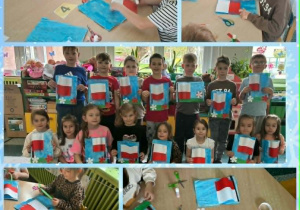 Dzieci z grupy Motylki wykonują pracę plastyczną tworząc biało-czerwone flagi.