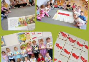 Kolaż zdjęć z grupy Biedronki w trakcje zajęć poświęconych tematyce patriotycznej oraz z pracami plastycznymi.