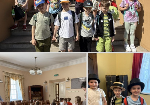 Kolaż przedstawia Smerfy podczas prelekcji w Muzeum Regionalnym w Bełchatowie