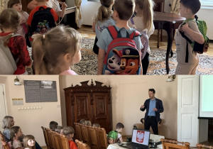 Kolaż przedstawia Smerfy podczas prelekcji w Muzeum Regionalnym w Bełchatowie