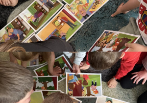 Kolaż przedstawia Smerfy realizujące kolejny moduł projektu edukacyjnego Czuciaki z krainy emocji