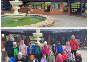 Dzieci z grupy Motylki pozują do zdjęcia grupowego przed wejściem do ZOO