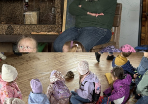 Kolaż przedstawia Smerfy i Odkrywców podczas zajęć edukacyjnych ze zwierzętami