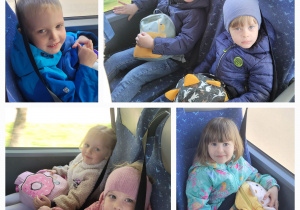 Kolaż zdjęć dzieci siedzących w autobusie i czekających na odjazd.