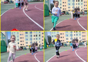 Kolaż zdjęć dzieci podczas biegu do pachołka