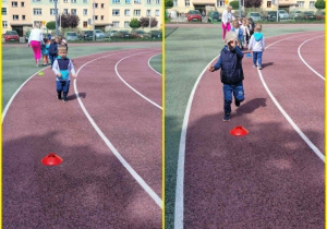Zdjęcia dzieci podczas biegu do pachołka