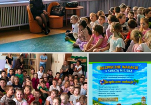 Kolaż przedstawia przedszkolaki podczas spotkania ze Strażą Miejską w Bełchatowie