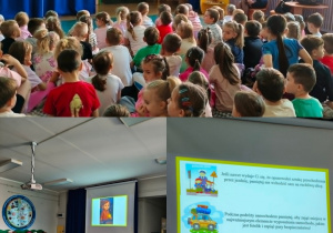Kolaż przedstawia prezentację multimedialną oraz spotkanie dzieci ze Strażą Miejską w Bełchatowie