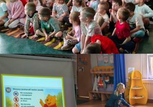 Kolaż przedstawia prezentację multimedialną oraz spotkanie dzieci ze Strażą Miejską w Bełchatowie