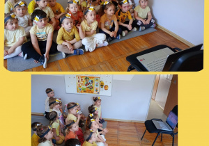 Kolaż zdjęć prezentujących dzieci w trakcie oglądania bajki.