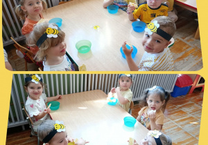 Dwa zdjęcia prezentujące dzieci jedzące wafelki z miodem.