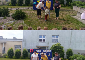 Kolaż przedstawia przebieg konkursu wokalnego w ogrodzie przedszkolnym, tańce i zabawy muzyczne w ogrodzie