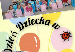 Zdjęcia grupowe dzieci prezentujących upominki z okazji Dnia Dziecka