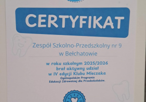 Certyfikat za udział w ogólnopolskim projekcje edukacyjnym.