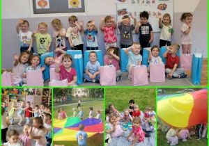 Kolaż zdjęć dzieci z grupy „Biedronki” świętujących Dzień Dziecka.