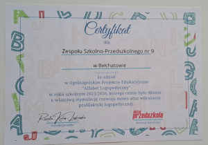 Certyfikat za udział w projekcje.