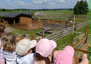 Dzieci oglądają teren agroturystyki z tarasu widokowego
