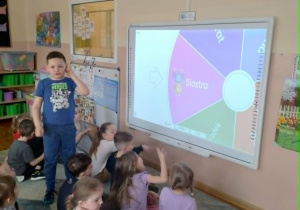 Na zdjęciu widzimy dzieci grające w migowe koło fortuny oraz chłopca który pokazuje wylosowany wyraz w języku migowym