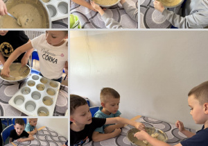 Kolaż przedstawia Smerfy przygotowujące muffinki
