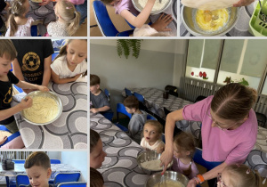Kolaż przedstawia Smerfy podczas przygotowania ciasta na muffinki