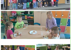 Dzieci z grupy „Motylki” pozują do zdjęcia pod Piekarnią, następnie siedzą przy stolikach na których leżą słodkości.