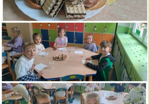 Dzieci z grupy „Motylki” degustują słodkości zakupione w piekarni.