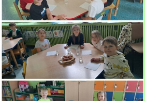 Dzieci z grupy Motylki z uśmiechem degustują słodkości przy stolikach.