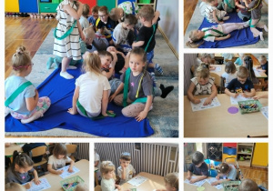 Przedszkolaki z grupy Słoneczka podczas realizacji zadań związanych z przestrzeganiem zasad bezpieczeństwa nad morzem i w górach.