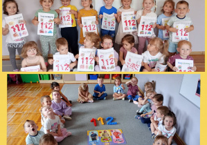 Kolaż-dzieci z grupy Biedronki prezentują ułożony z klocków numer 112 oraz wykonane prace plastyczne z numerem alarmowym.