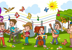 Obrazek prezentujący dzieci grające na różnych instrumentach muzycznych.