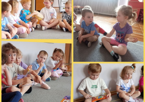 Kolaż czterech zdjęć na którym dzieci oglądają różne instrumenty.