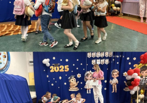 Kolaż przedstawia Smerfy podczas występu artystycznego