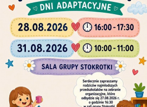zaproszenie na zebranie z rodzicami oraz zajęcia adaptacyjne dla najmłodszych przedszkolaków - tekst na kolorowym tle przedstawiającym dzieci i tęczę.