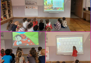 Zdjęcia dzieci podczas oglądania filmiku edukacyjnego „Ile kropek ma biedronka”