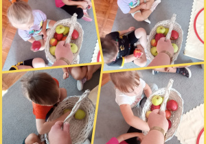 Kolaż zdjęć, na których przedszkolaki częstują się jabłkami znajdującymi się w koszyku.