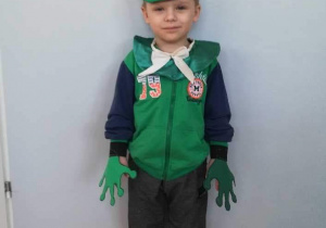 Chłopiec przebrany za żabę ubrany w zieloną bluzę, maską żaby na głowie i wyciętymi łapami żaby założonymi na dłonie.