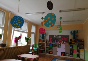 zdjęcie przedstawia salę rpzedszkolna z kolorowymi dekoracjami. Na tablicy napis witamy.