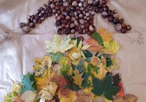 Dzieci z grupy Pszczółki ułożyły z jesiennych darów piękną Panią Jesień .