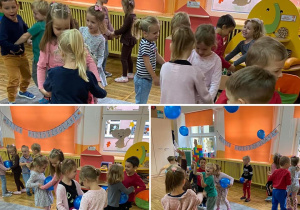Żabki - dzieci świetnie się bawią i świętują Dzień Przedszkolaka. Tańczą w parach z balonami do muzyki.
