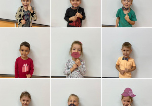 Kolaż przedstawia zdjęcia 9 dzieci pozujących z akcesoriami z fotobudki.