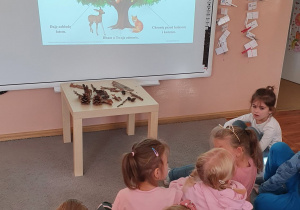 Dzieci siedzą na dywanie przed tablicą. Przyglądają się ilustracji na której widoczne jest drzewo z opisem korzyści, które daje.