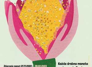 Na plakacie napis Góra Grosza oraz dwie dłonie pełne żółtych monet układające się w kształt tulipana.