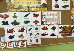 Na tablicy wewnątrz sali wisi przygotowana dekoracja. Napis Dzień Warzyw i Owoców, zdjęcia przedstawiające różne warzywa i owoce.