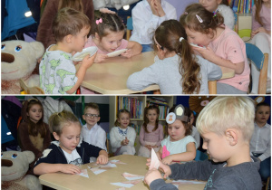 Kolaż zdjęć, które przedstawiają dzieci biorące udział w konkursach. Na pierwszym zdjęciu dzieci zlizują miód z talerzy na czas. Na drugim zdjęciu dzieci układają z pociętych części obrazek misia.