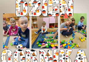 Zdjęcie zostało stworzone jako kolaż z wielu fotografii, które przedstawiają dzieci układające klocki drewniane na dywanie.