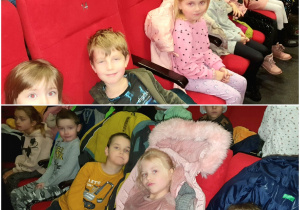 Zdjęcie zostało stworzone jako kolaż z dwóch fotografii, które przedstawiają siedzące na widowni dzieci, oczekujące na przedstawienie.