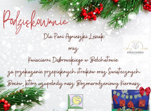 Obrazek przedstawia podziękowania dla Pani Agnieszki Lesiak. Dookoła napisu wykonanego ozdobną czcionką znajdują się motywy świąteczne