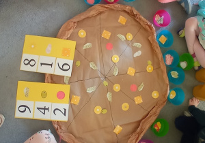 Na dywanie leży makieta pizzy. Wokół niej ustawione są pojemniczki w których umieszczone są ilustracje przedstawiające składniki na pizze. Dzieci odczytują podczas zabawy matematycznej jaki składnik, w jakiej ilości wybrać. A następnie umieszczają go na pizzy.